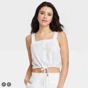 White Linen Button Front Tie Crop Tank Cottagecore Top A New Day Size L